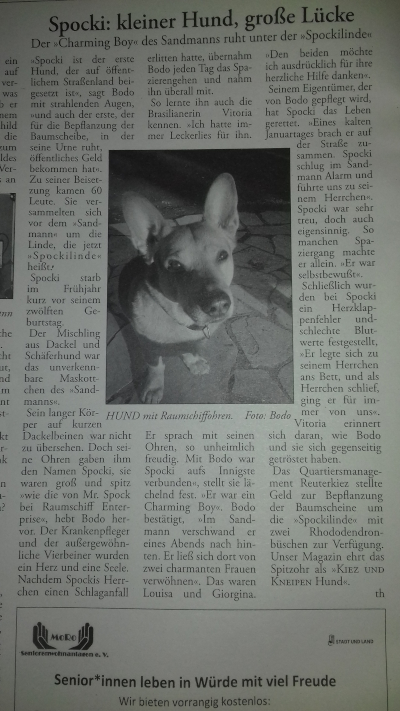 Scan: Der Nachruf auf den Hund Spocki in der Neuköllner Kneipenzeitung. Neukölln 2018.